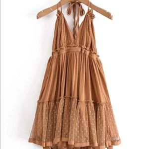 Brown/beige Mesh Tie Ruffled Halter Dress. Size M.